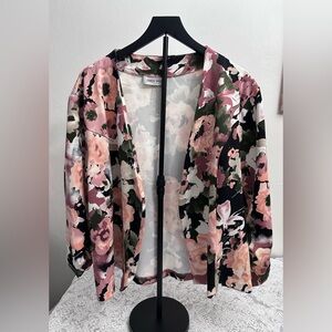 Caren Sport Floral Open Front Blazer Jacket Pink Black Plus Size